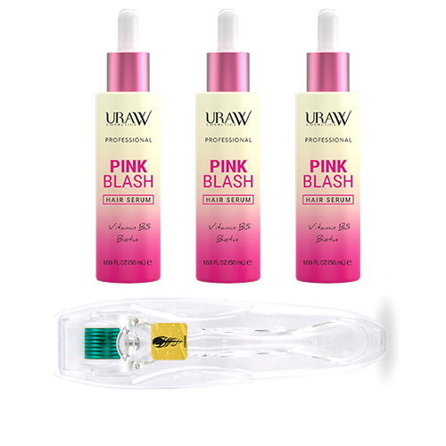 Vorteilspack 3 x URAW Pink Blash Serum 50 ml, Haarwuchs + kostenlosem Dermaroller